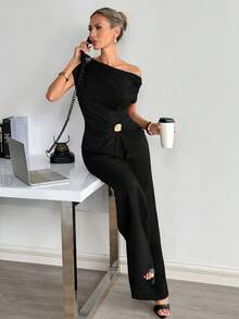 Nuevo conjunto con decoración metálica en el hombro para mujer en color marrón - Negro - Ver 4