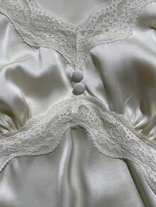 Lavishia Women's Elegant Satin & Lace Patchwork Blouse, Spring/Summer - Apricot - View 7