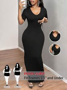 SHEIN PETITE CURVE 大码休闲纯色修身短袖针织连衣裙 - 黑色 - 查看 1