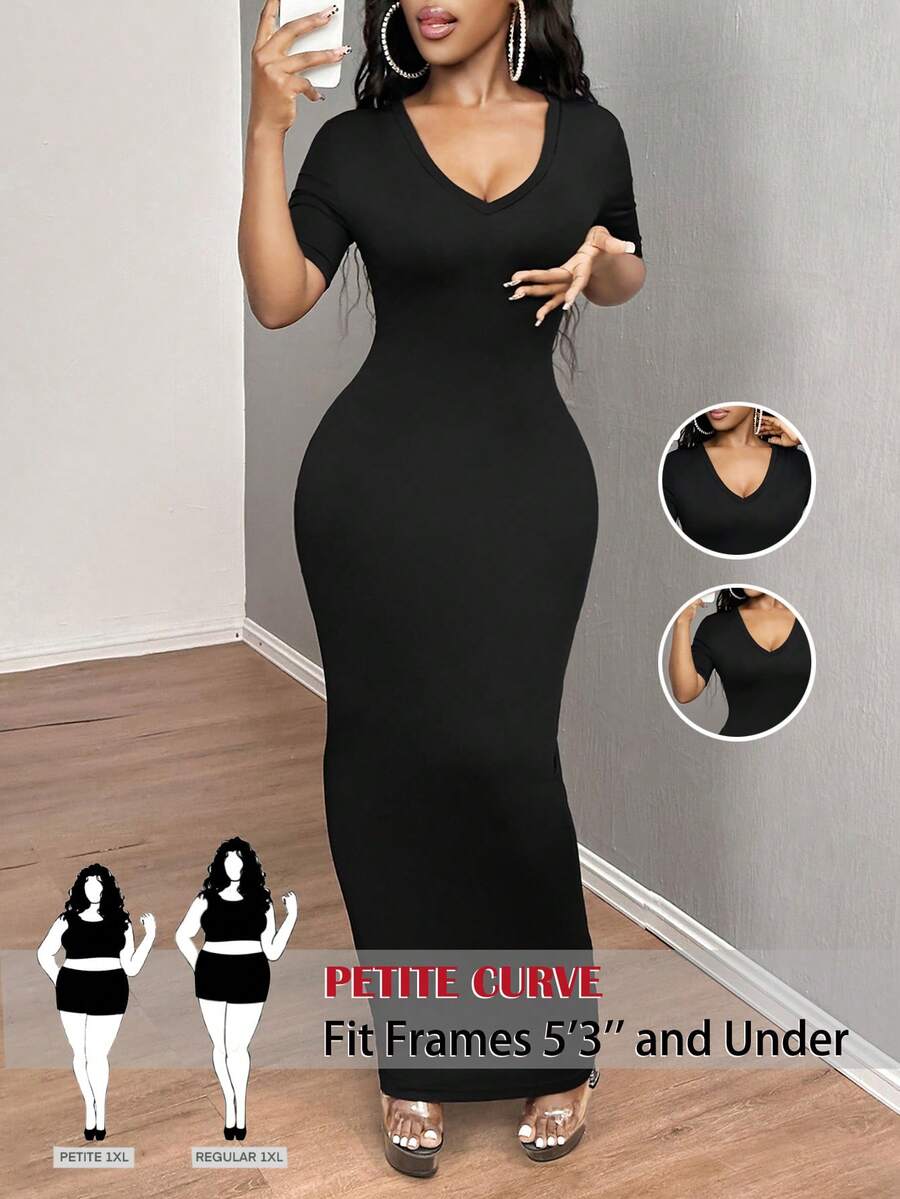 SHEIN PETITE CURVE 大码休闲纯色修身短袖针织连衣裙 - 黑色 - 查看 1