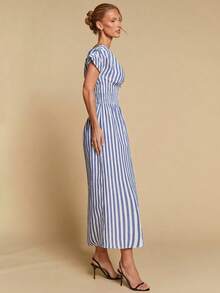 COSMINA Women's Elegant Striped Off Shoulder Cinched Waist Long Dress, Versatile For Commute And Everyday Wear, All Season - Blue and White - View 6