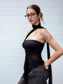 Ananda Vibes Y2k 現代胸側褶皺可拆卸網眼女用抹胸上衣 - 黑色 - 查看 6