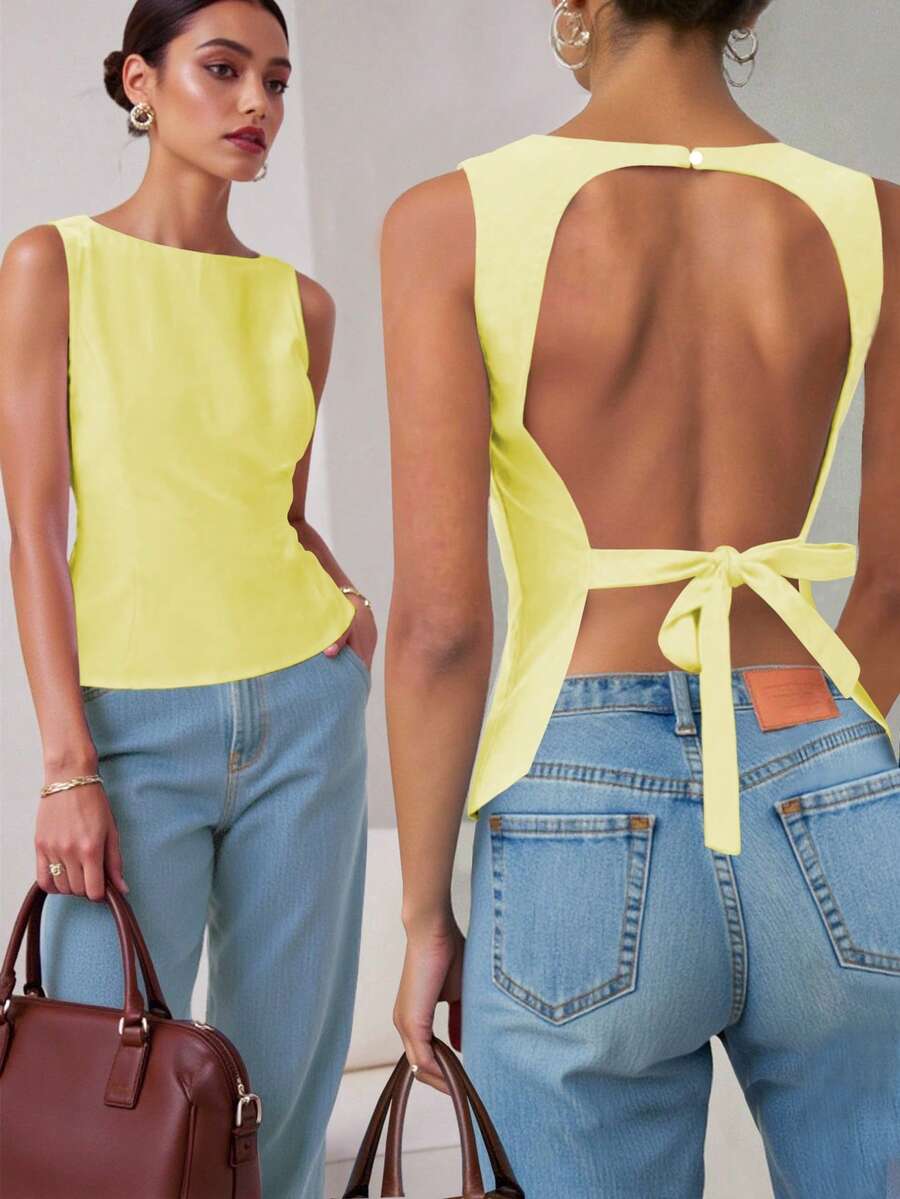 INAWLY Áo tank top nữ màu trơn cổ tròn thời trang đơn giản gợi cảm hở lưng màu vàng, thích hợp cho đi học, nghỉ lễ, khu nghỉ dưỡng. Áo tank top nữ màu trơn cổ tròn đơn giản gợi cảm hở lưng, có dây buộc eo phía sau. Tôn dáng, phù hợp với dáng người quả lê và quả táo, ôm sát cơ thể, thiết kế 3D, hàng mới về, dáng ôm, cổ điển, thích hợp cho kỳ nghỉ, tiệc tùng, hẹn hò, có dây đeo, kiểu dáng đơn giản, phong cách vintage cá tính, thường ngày thoải mái. - Màu vàng - Xem 1