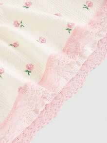 ROMWE Kawaii 小碎花印花褶饰胸围蕾丝边娃娃装上衣，学校 - 彩色 - 查看 4