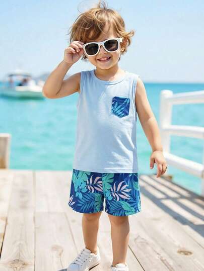 SHEIN 2pcs/Set Boys' Casual Tropical Plant Print Relaxed Fit Tank Top And Shorts Set, Suitable For Spring And Summer