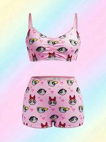 THE POWERPUFF GIRLS X SHEIN Conjunto de camiseta y pantalón corto con estampado de flor, burbujas y botón de mujer - Rosa - Ver 6