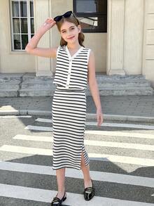 SHEIN Tween Girl Casual Chic Knit Striped V-Neck Button Front Sleeveless Crop Top And Bodycon Skirt Set, Back To School - Black and White - View 3