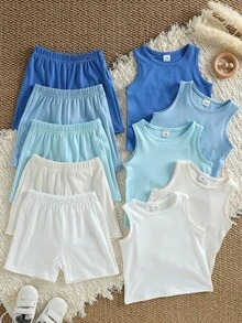 SHEIN Vintaside Kids 10件裝嬰幼兒男/女童夏季套裝 素色藍黑白灰背心上衣&寬鬆短褲 休閒親子套裝 適合幼兒/嬰兒 極簡風 - 彩色 - 查看 4