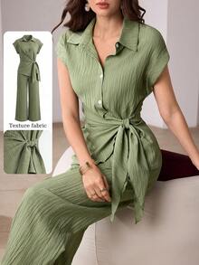 Mulvari Bộ đồ hai mảnh dành cho nữ màu xanh lá cây, gồm áo dài tay dệt họa tiết, thắt eo và quần ống đứng có túi, thích hợp cho mùa xuân/hè đi làm. - màu xanh lá - Xem 6
