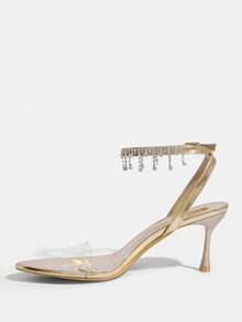 CUCCOO SZL Women Shoes Summer Pointed Slender Heel Champagne Transparent Film Rhinestone Chain Ankle Strap Open Toe Women's Sandals Sexy Fashion Gorgeous With Skirts Banquet Party Nightclub Women's High Heel Sandals - Champagne - View 4
