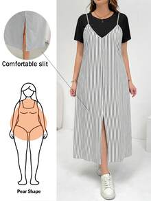 SHEIN Essnce 大码女式休闲宽松舒适日常百搭显瘦两件套：黑色短袖T恤和条纹吊带长裙，夏季穿搭，简约风格，欧式夏季 - 黑與白 - 查看 1