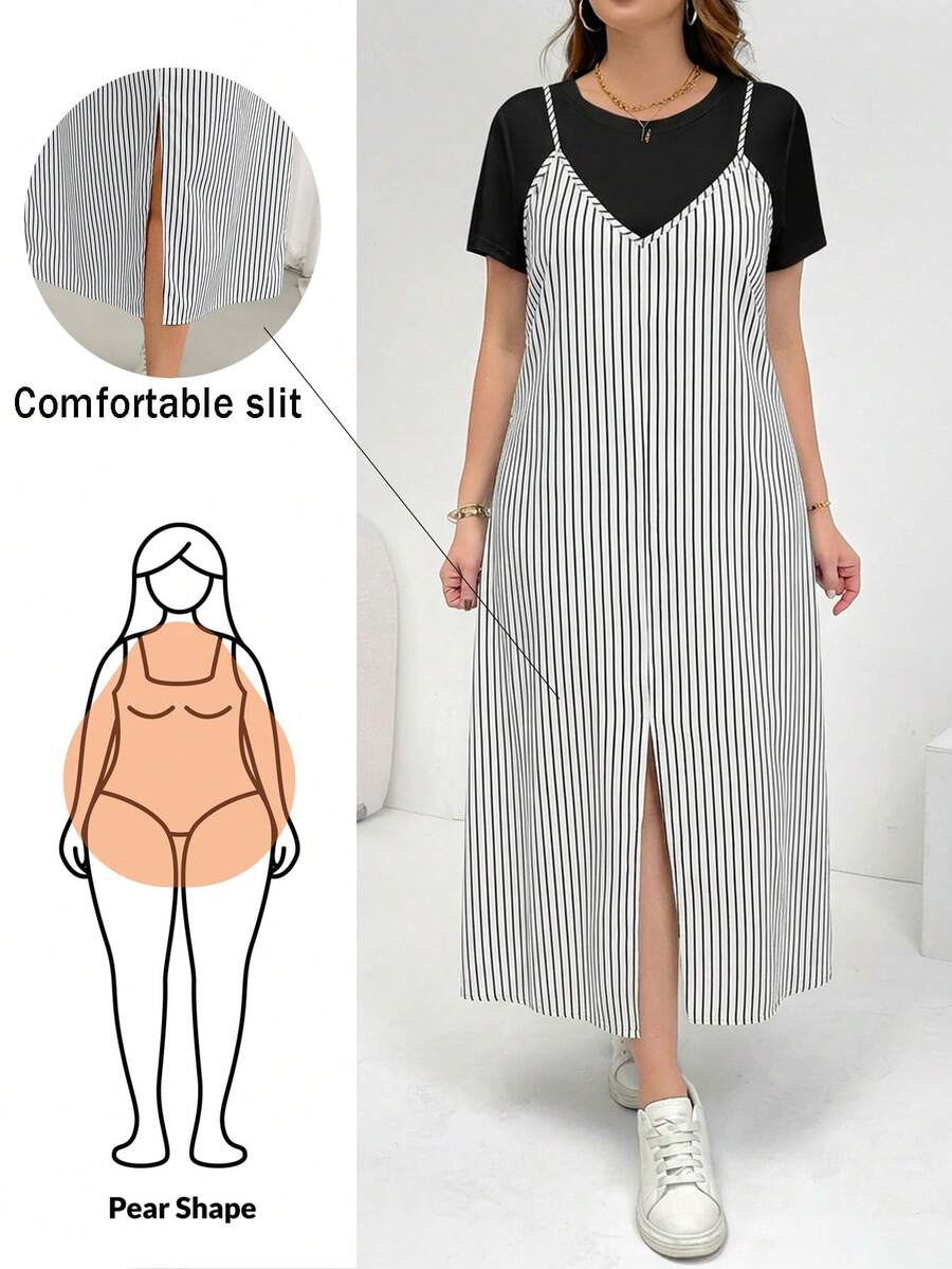 SHEIN Essnce 大码女式休闲宽松舒适日常百搭显瘦两件套:黑色短袖T恤和条纹吊带长裙,夏季穿搭,简约风格,欧式夏季 - 黑與白 - 查看 1