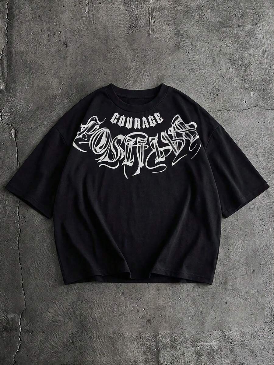 AXEPEAK Camiseta casual de cuello redondo con estampado de letras para hombre, holgada - Negro - Ver 1