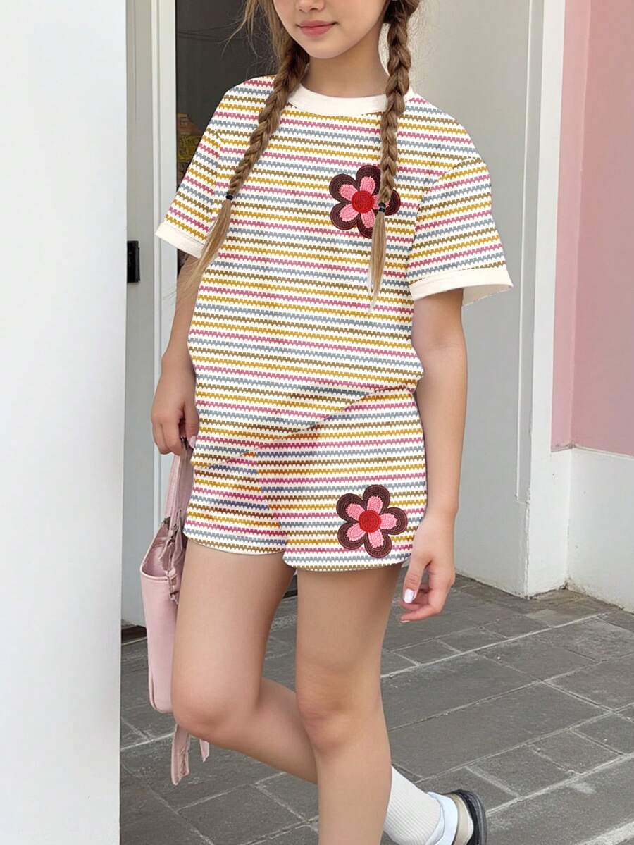 2pcs Dopamine Colorful Striped, Retro Floral Embroidery Print Tween Girls Casual Comfortable Loose Round Neck Short Sleeve T-Shirt And Shorts Set, Suitable For Spring/Summer Daily, Home, Outing, Holiday, Easter - Multicolor - View 1
