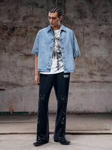 Skyrend 男士美式休闲做旧刺绣牛仔夹克 - 藍色 - 查看 3