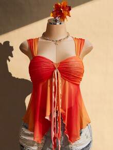 SHEIN ICON Women's Plus Size Sunset Gradient Orange Camisole Red Summer Boho Sexy Elegant Curve Vacation Holiday Y2K Retro Gathered Straps Beach Top - Orange - View 3