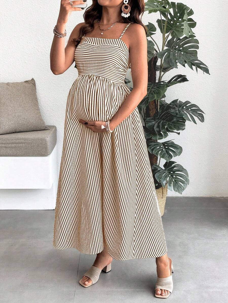 SHEIN 孕妇夏季休闲条纹A字无袖连衣裙 - 棕色 - 查看 1