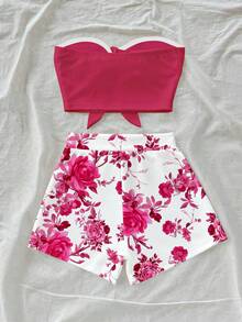 Soleia Women's Solid Color Ruched Bandeau Top And Floral Print Shorts 2-Piece Casual Outfit - Multicolor - View 2
