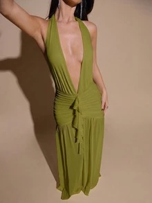 SHEIN BAE 性感简约纯色奶油黄深V领露背紧身褶皱网纱连衣裙，适合派对、鸡尾酒会、正式场合、伴娘、生日、圣诞节、商务休闲等场合，优雅女士礼服 - 橄欖綠 - 查看 7