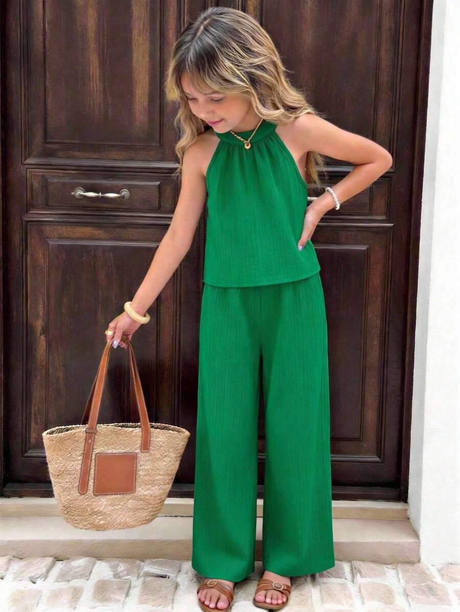 SHEIN Bộ đồ đi biển cơ bản cho bé gái: Áo yếm và quần lửng ống rộng họa tiết hoa dệt kim, 2 món. - màu xanh lá - Xem 1