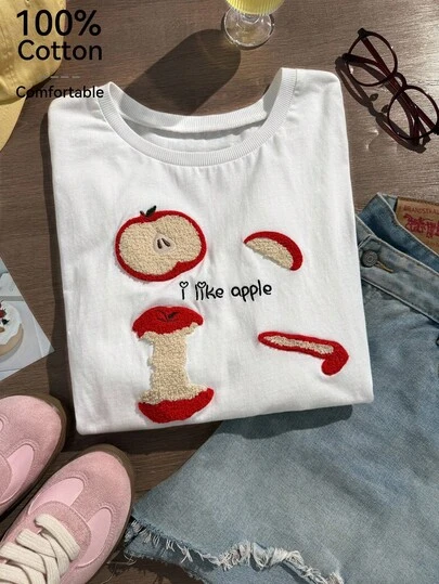 Comfortcana 大码宽松舒适纯棉休闲T恤，饰有3D苹果刺绣，春夏款