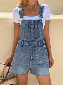 Women's Summer Casual Slant Pocket Frayed Denim Bib Pants - Blue - View 7