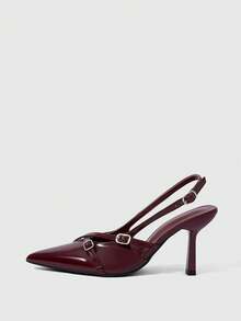 Sleekvia Giày cao gót mũi nhọn mỏng gợi cảm phong cách avant-garde bằng da PU màu đỏ tía, kiểu dáng slip-on, giày cao gót thời trang dự tiệc đêm, khóa cài sang trọng. - Màu Đỏ Sâu - Xem 1