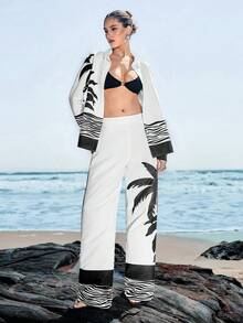 Femmeiva Palm Tree & Wave Black & White Print Loose 2 Pieces Set - Black and White - View 2