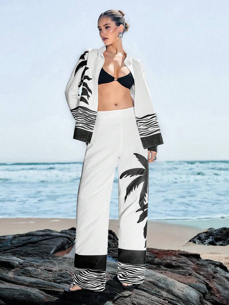 Palm Tree & Wave Black & White Print Loose 2 Pieces Set - Black and White - View 1