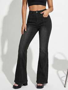 DAZY Women's Fashion Washed Pocket Flare Jeans - Black - View 7
