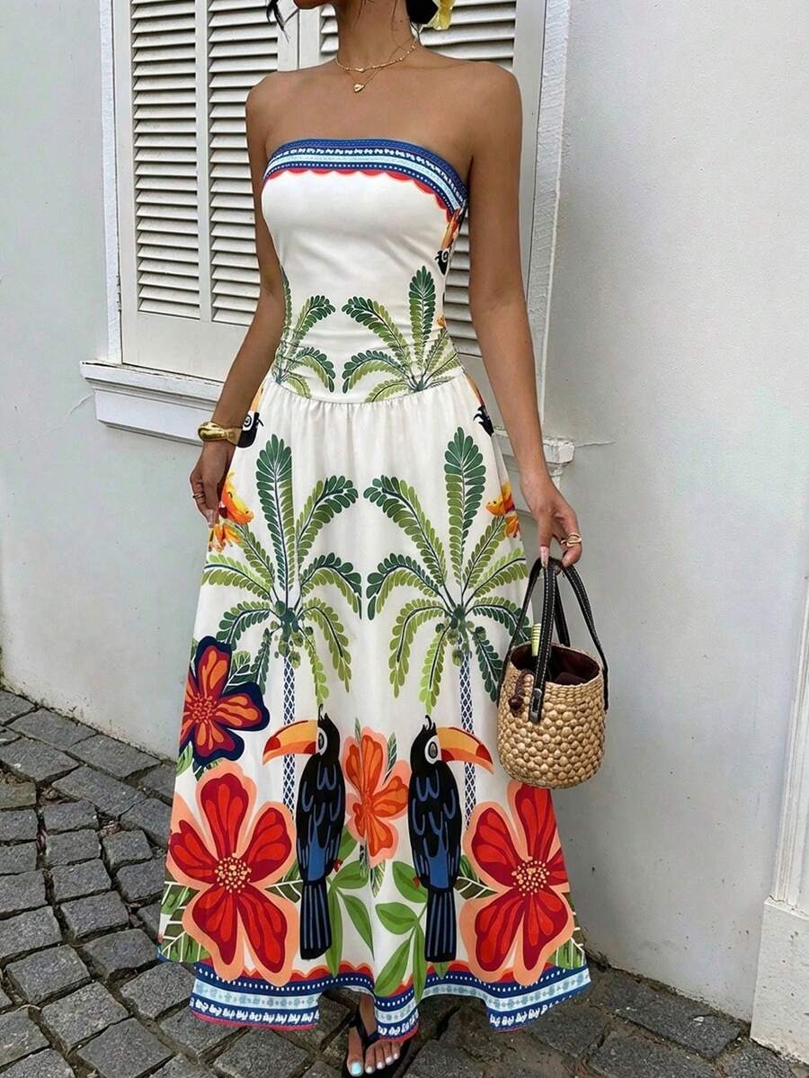 SHEIN EZwear 时尚印花无袖夏季连衣裙，热带风情沙滩裙，度假连衣裙，巴西热带度假印花连衣裙；休闲印花荷叶边无肩带连衣裙，适合度假、秋季穿着、婚礼宾客礼服、生日礼服、外出等场合。 - 彩色 - 查看 1