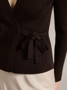 Ontre Bộ sưu tập 2026SS Áo khoác cardigan dệt kim gân buộc phía trước dành cho nữ màu cà phê, thích hợp cho mùa xuân/hè, đi học, nghỉ lễ, dự đám cưới, trang phục giáo viên, dạo phố thường ngày, váy dự đám cưới thanh lịch, trang phục nhà thờ, trang phục công sở thường ngày. - màu nâu - Xem 5