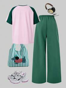 2pcs/Set Teenage Girls Comfortable Loose Outdoor Sports Drop Shoulder T-Shirt And Cargo Pants - Green - View 4