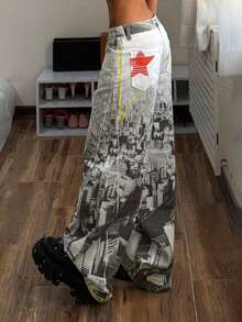 StreetHx Women's Retro City Print Wide Leg Jeans - Multicolor - View 5