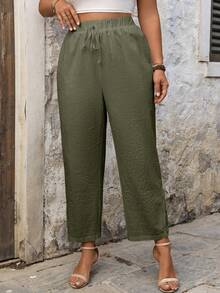 SHEIN Clasi Quần dài thường ngày cỡ lớn có viền thêu hoa chắp vá ở chân - xanh quân đội - Xem 5