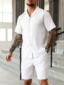 Manfinity Homme Men's Mature Vacation Casual Button-Front Shirt And Shorts Set - White - View 3