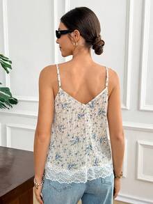 Serisse Women's Summer Vacation Casual Lace Patchwork Print Camisole Top - Baby Blue - View 7