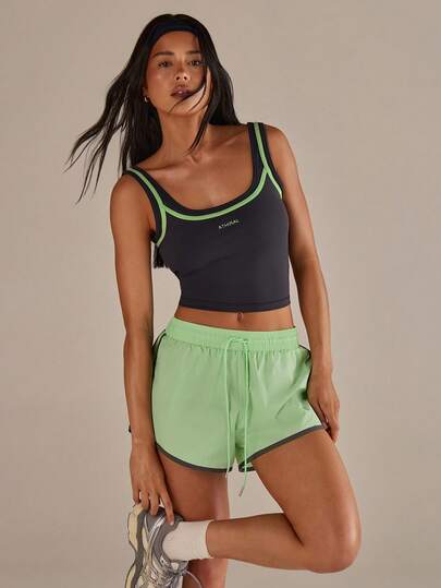 Athîral Women's Casual Sports Contrast Trim Woven Green Shorts, Spring/Summer