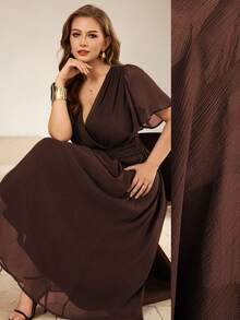 Roveilla 女士雪纺褶皱面料交叉扭结腰部褶皱后背松紧腰A字喇叭袖长连衣裙，优雅法式复古办公室通勤商务度假休闲街头风简约百搭下午茶派对春夏装 - 巧克力棕 - 查看 1