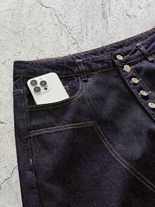 EVRINFINITE Unisex Loose Fit Wide Leg 7/8 Length Jeans, American Streetwear Style Embroidered, Soft Washed Non-Fading Denim - Dark Wash - View 3