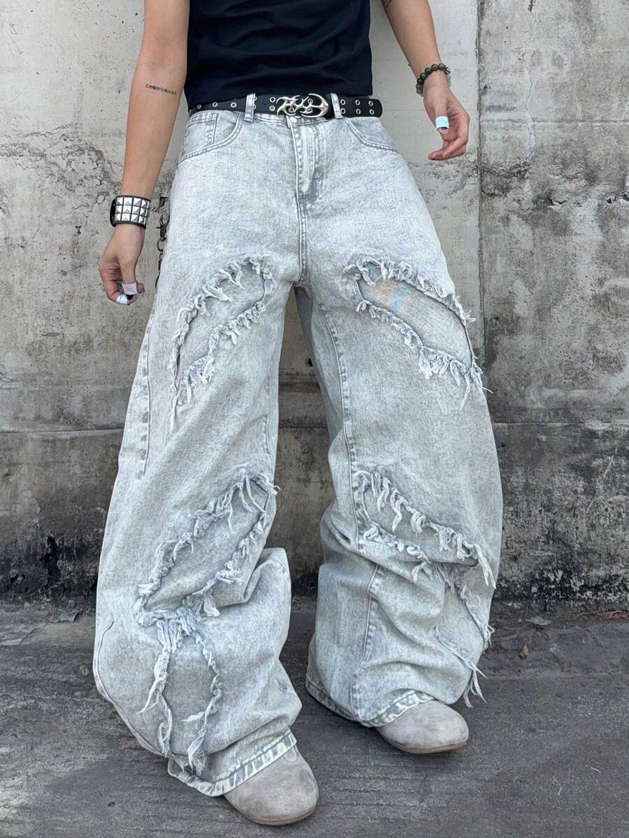 Manfinity EMRG 男士休闲水洗做旧七分牛仔裤 - 淺灰色 - 查看 1