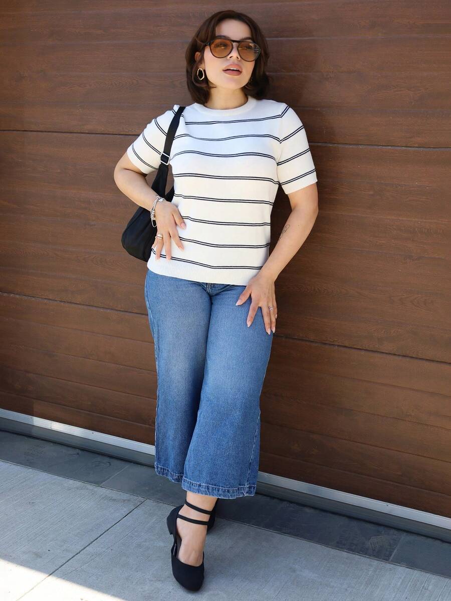 Lupita Cardoza Top tricotat casual pentru femei, cu guler rotund și mânecă scurtă, cu dungi, toamnă pentru femei, iarnă, Anul Nou pentru femei, petrecere, nuntă, absolvire, elegant, casual, vară - Caisă - Vizualizare 1