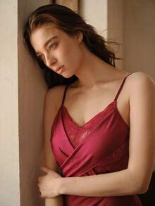 Bisouelle Women's Solid Color Lace Patchwork Spaghetti Strap Sexy Nightgown - Burgundy - View 5