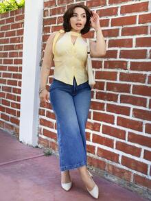 Lupita Cardoza Áo sơ mi kẻ sọc không tay thắt nơ eo thon gọn dành cho nữ hàng mới về - Màu vàng - Xem 1