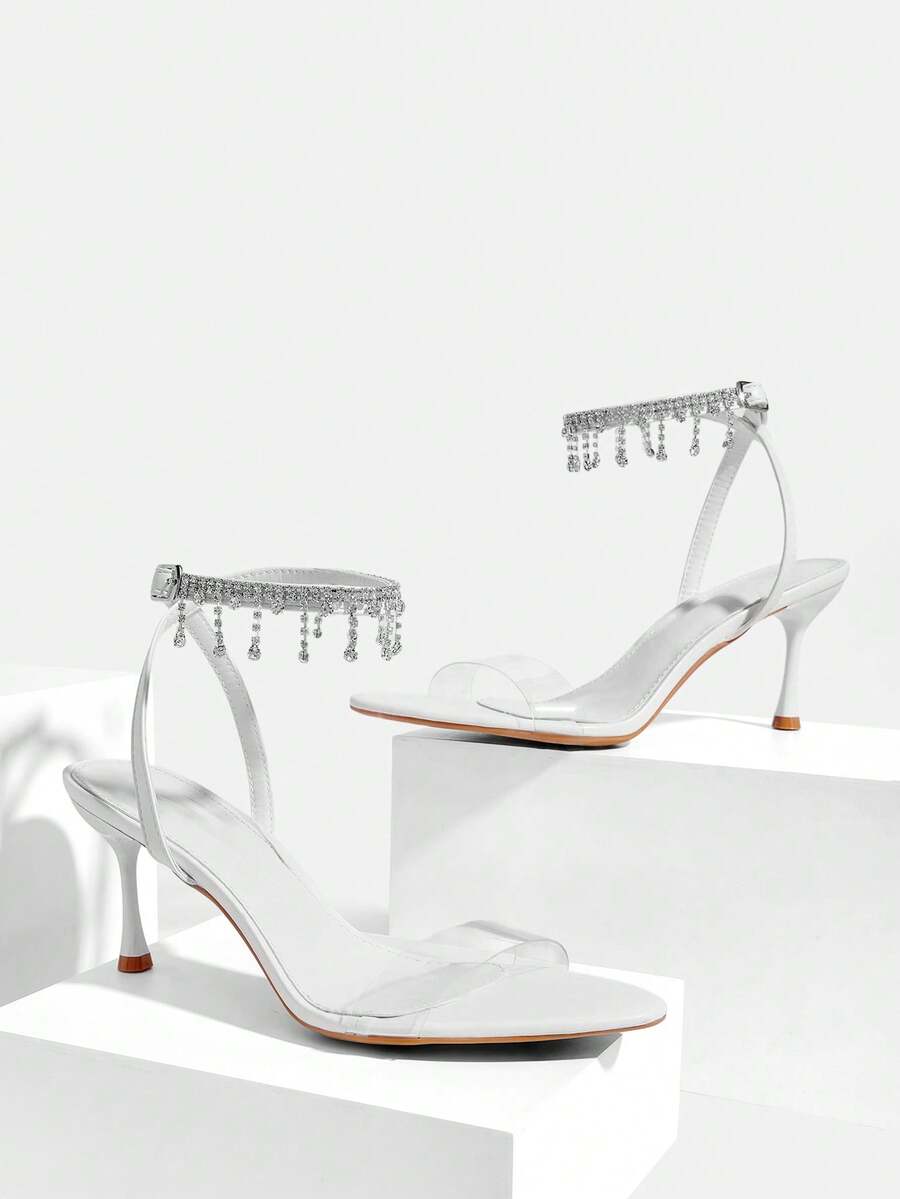 CUCCOO SZL Women Shoes Summer Pointed Slender Heel White Transparent Film Rhinestone Chain Ankle Strap Open Toe Women's Sandals Sexy Fashion Gorgeous With Skirts Banquet Party Nightclub Women's High Heel Sandals