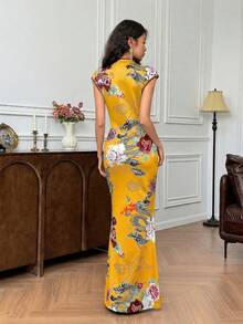 EastFlair Đầm nữ thanh lịch kiểu Trung Quốc in hoa và rồng, cổ tàu. - Màu vàng - Xem 2