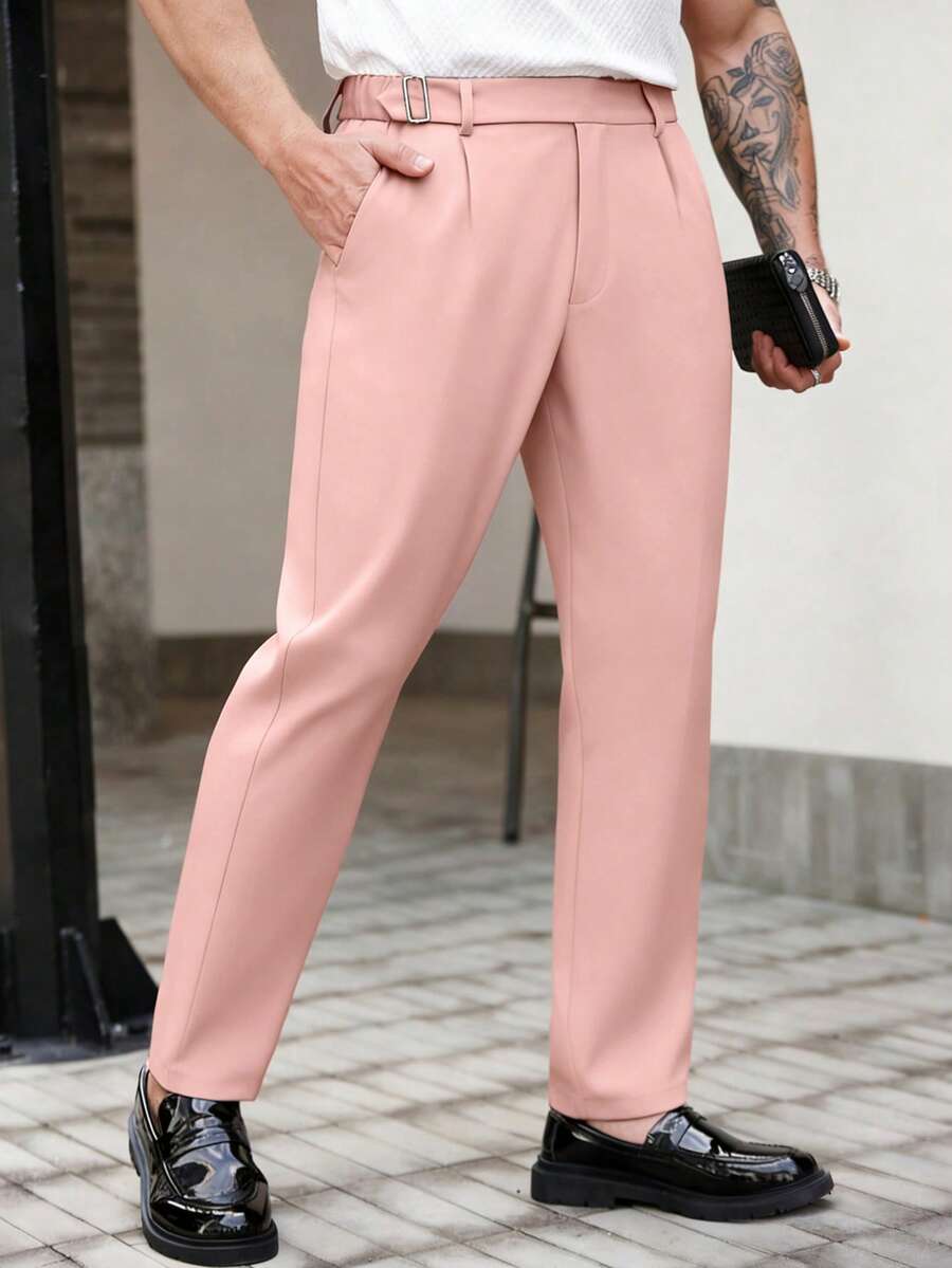 Manfinity CasualCool Men's Casual Solid Color Commuter Pants With Pockets For Ceremony - Pink - View 1