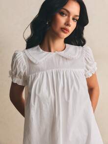 Poéselle 女士夏季纯色彼得潘领花瓣袖迷你连衣裙 - 白色 - 查看 8