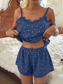 CottageSlumber Knitted Rib Fabric, Heart Print Patchwork With Lace Trim, Fresh Pastoral Romantic Sweet Cute Sexy Camisole And Shorts, Suitable For Outerwear - Navy Blue - View 5