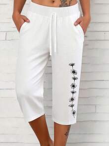 SHEIN LUNE 大码女式休闲度假通勤抽绳腰印花七分裤 - 白色 - 查看 1